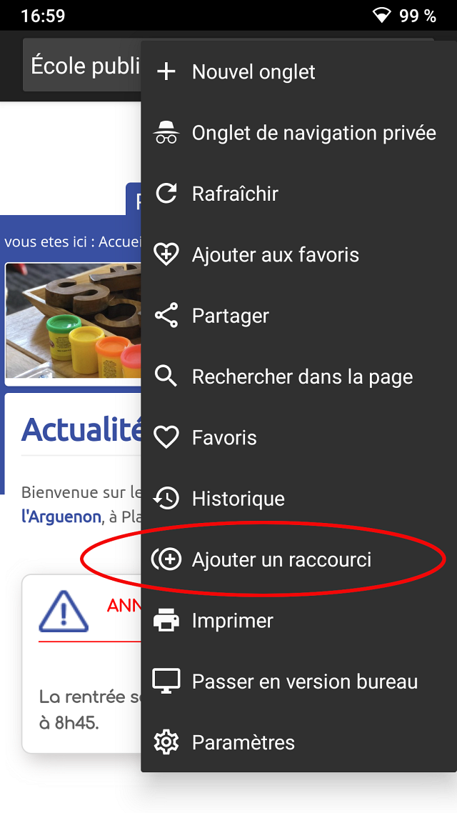 Chrome : Pressez "Ajouter un raccourci"