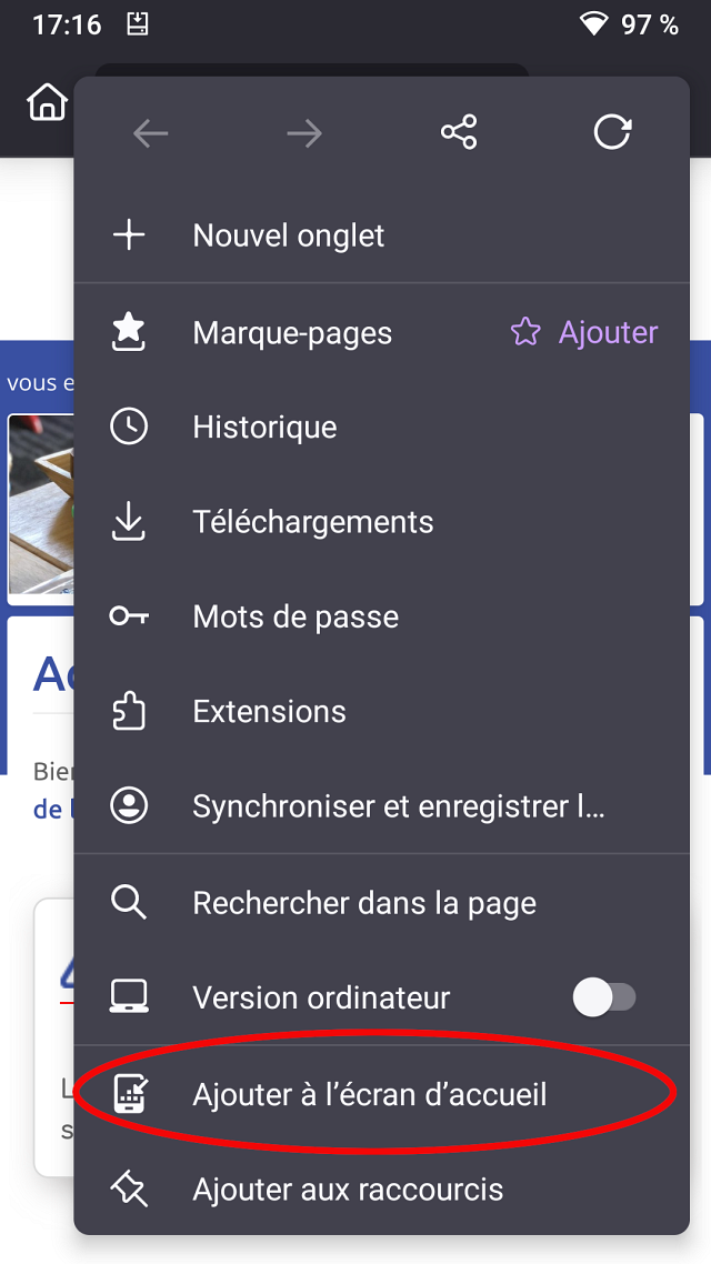 Firefox : pressez "Ajouter à l'écran d'accueil"